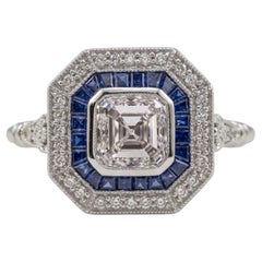 GIA Certified 1 Carat Asscher Diamond and Blue Sapphire Halo Ring