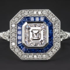 GIA Certified 1 Carat Asscher Diamond and Blue Sapphire Halo Ring