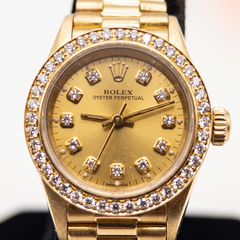 Rolex Oyster Perpetual 18k Yellow Gold Diamond Bezel and Dial Wrist Watch