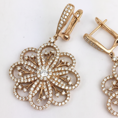 3 Carat Diamond Flower Dangle Drop Earrings in 14K Rose Gold