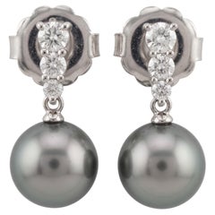 Mikimoto Black South Sea Pearl Diamond 18k White Gold Drop Earrings