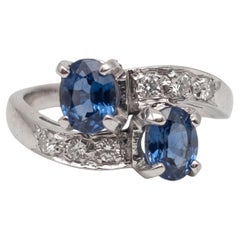 Vintage No Heat Blue Sapphire Diamond 14k White Gold Bypass Ring