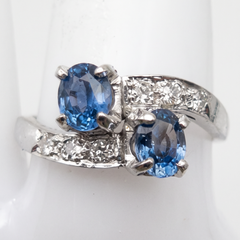 Vintage No Heat Blue Sapphire Diamond 14k White Gold Bypass Ring