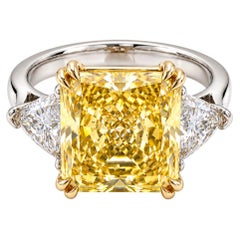 GIA Certified 5 Carat Fancy Intense Yellow Diamond and Trillion Diamond Ring