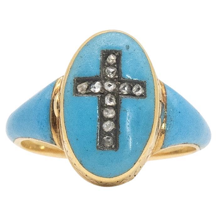 Victorian 14K Yellow Gold diamond cross blue enamel memorial locket ring with 11 rose cut diamond

Ring size: US 5
Ring Top: 14.1mm x 8.5mm
Approximate Weight: 4.7 g

Hallmark: NA
Gold purity professionally tested

