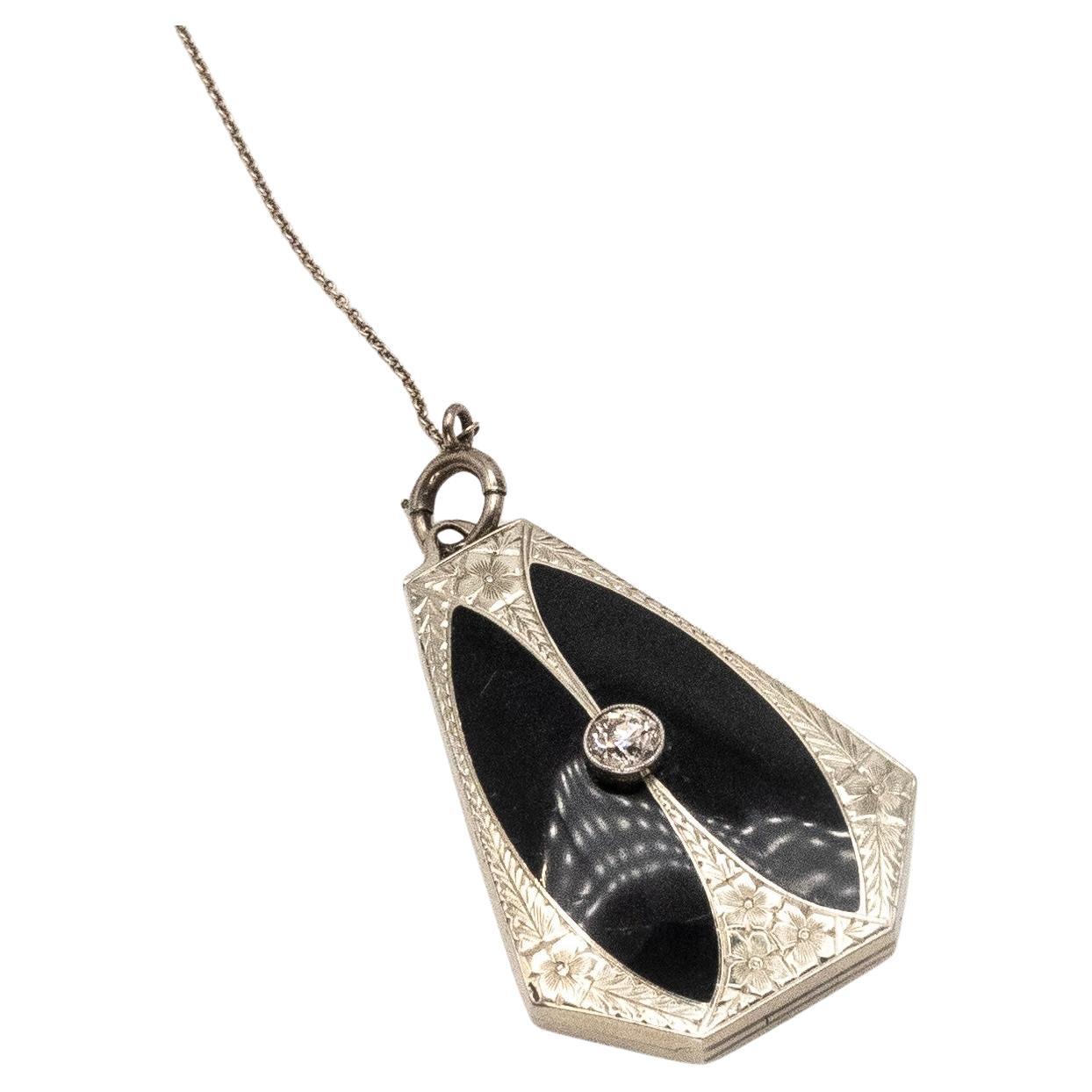 Art Deco White Gold Diamond Onyx Memorial Locket Pendant Necklace