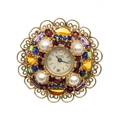 1950s LUCIEN PICCARD 14K Yellow Gold Multicolor Gemstone Watch Brooch