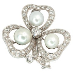 14K White Gold Diamond Pearl Clover Pin Brooch