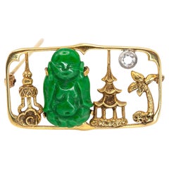Art Deco 14K Gold Diamond Jade Buddha Brooch by Krementz & Co, 1930s
