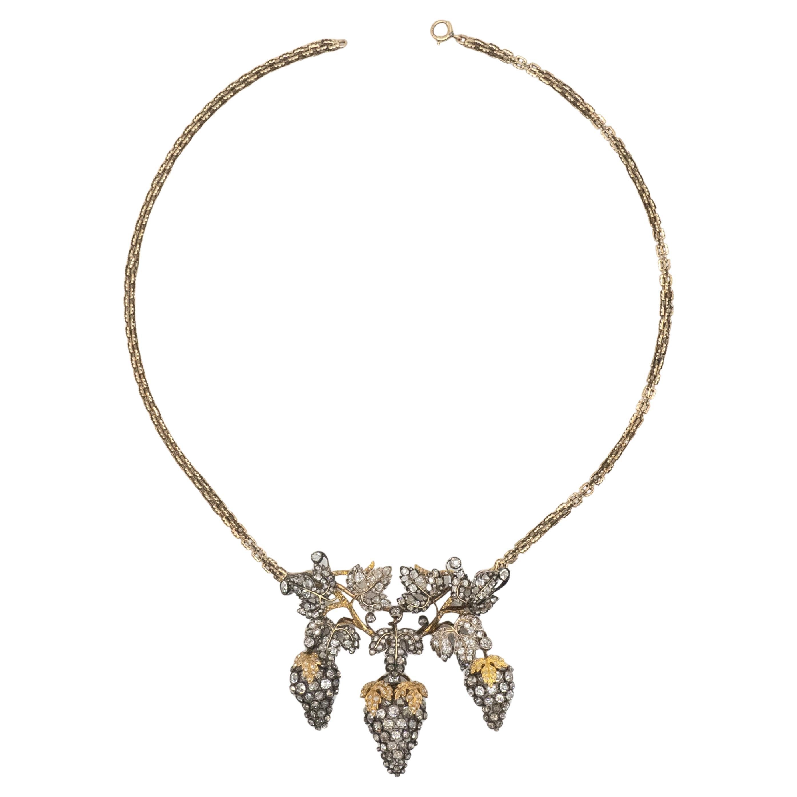 Antique 14K and Silver Top Diamond Grape and Leaf Necklace c. 1900s