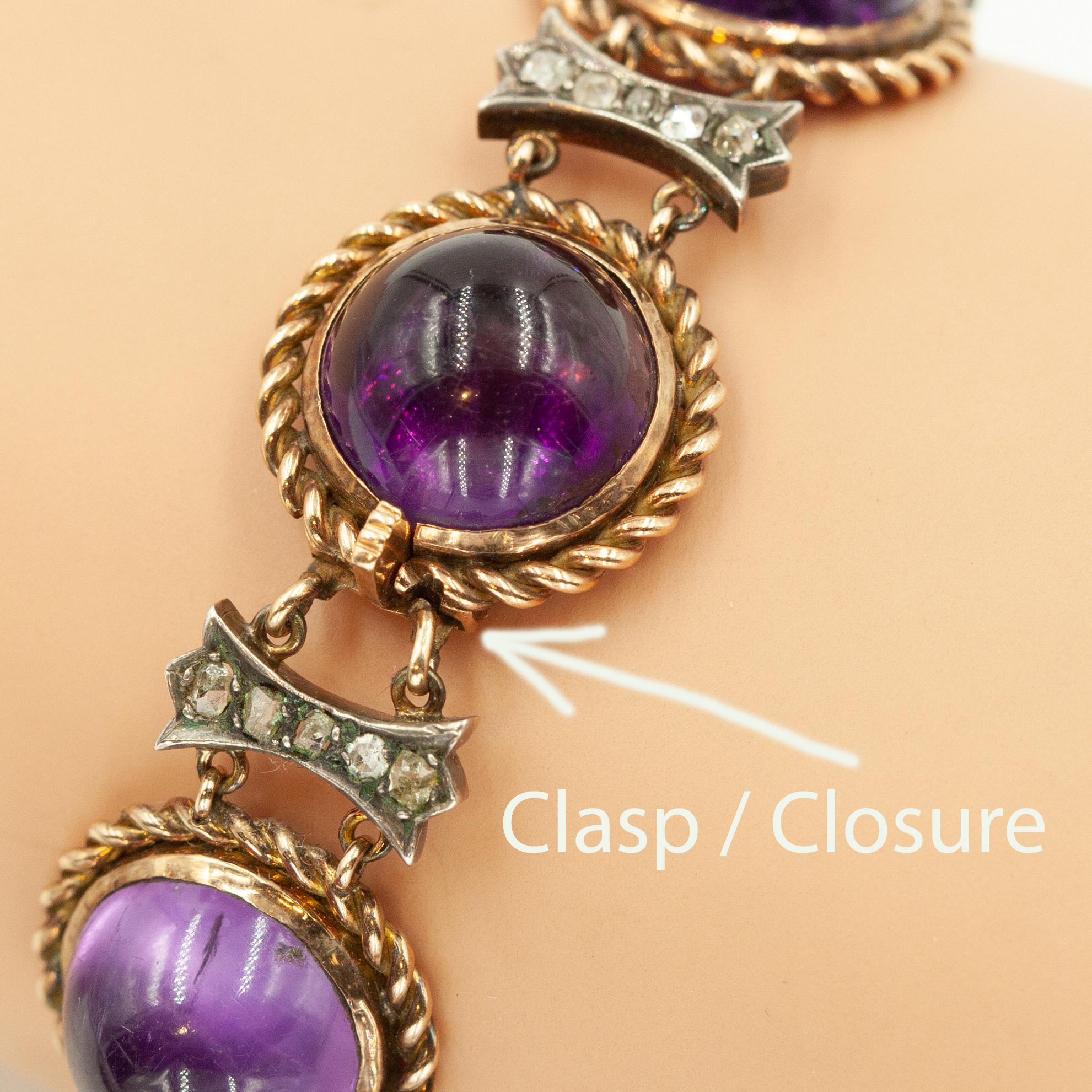 Taille cabochon Bracelet ancien en or jaune 14K avec diamant et améthyste en vente