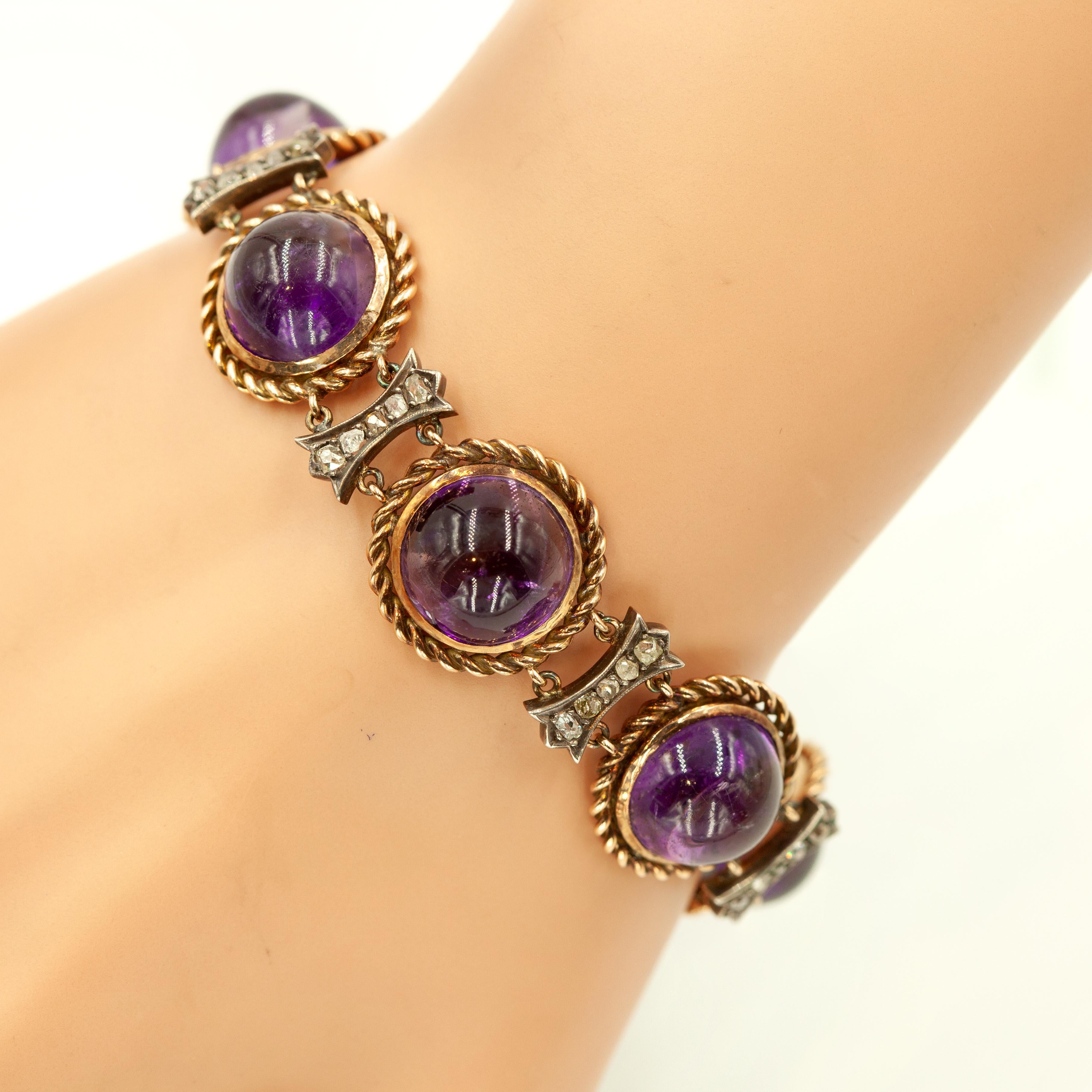 Victorien Bracelet ancien en or jaune 14K avec diamant et améthyste en vente