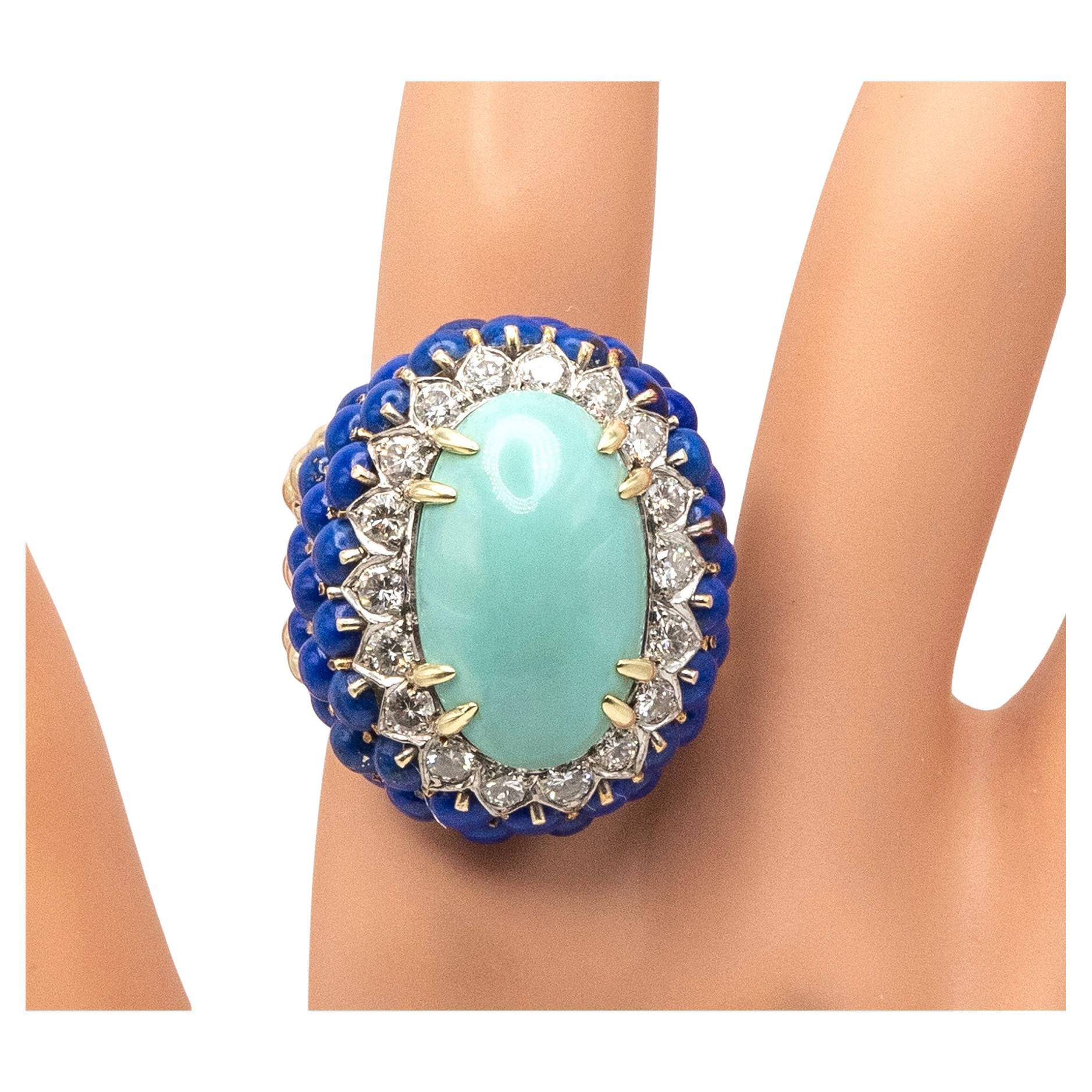 Bague cocktail vintage en or jaune 18K diamant turquoise lapis
