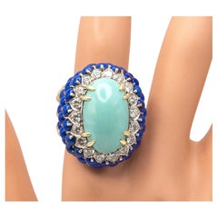Vintage 18K Yellow Gold Diamond Turquoise Lapis Cocktail Ring