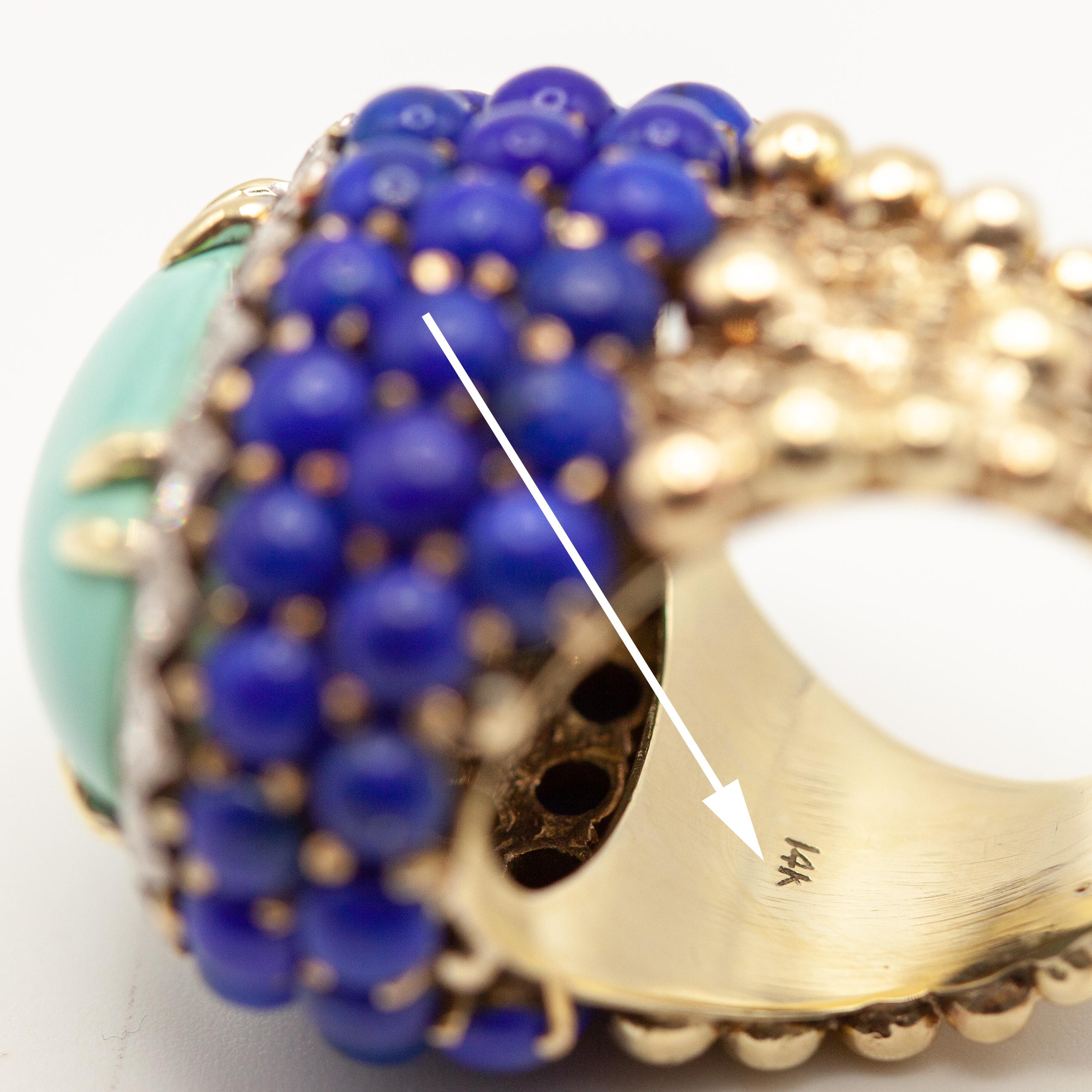 Grande bague de cocktail en or jaune 14K, diamant, turquoise et lapis, c. 1960s en vente 4
