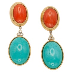 Orecchini pendenti in oro giallo 18K con corallo e turchese e diamanti