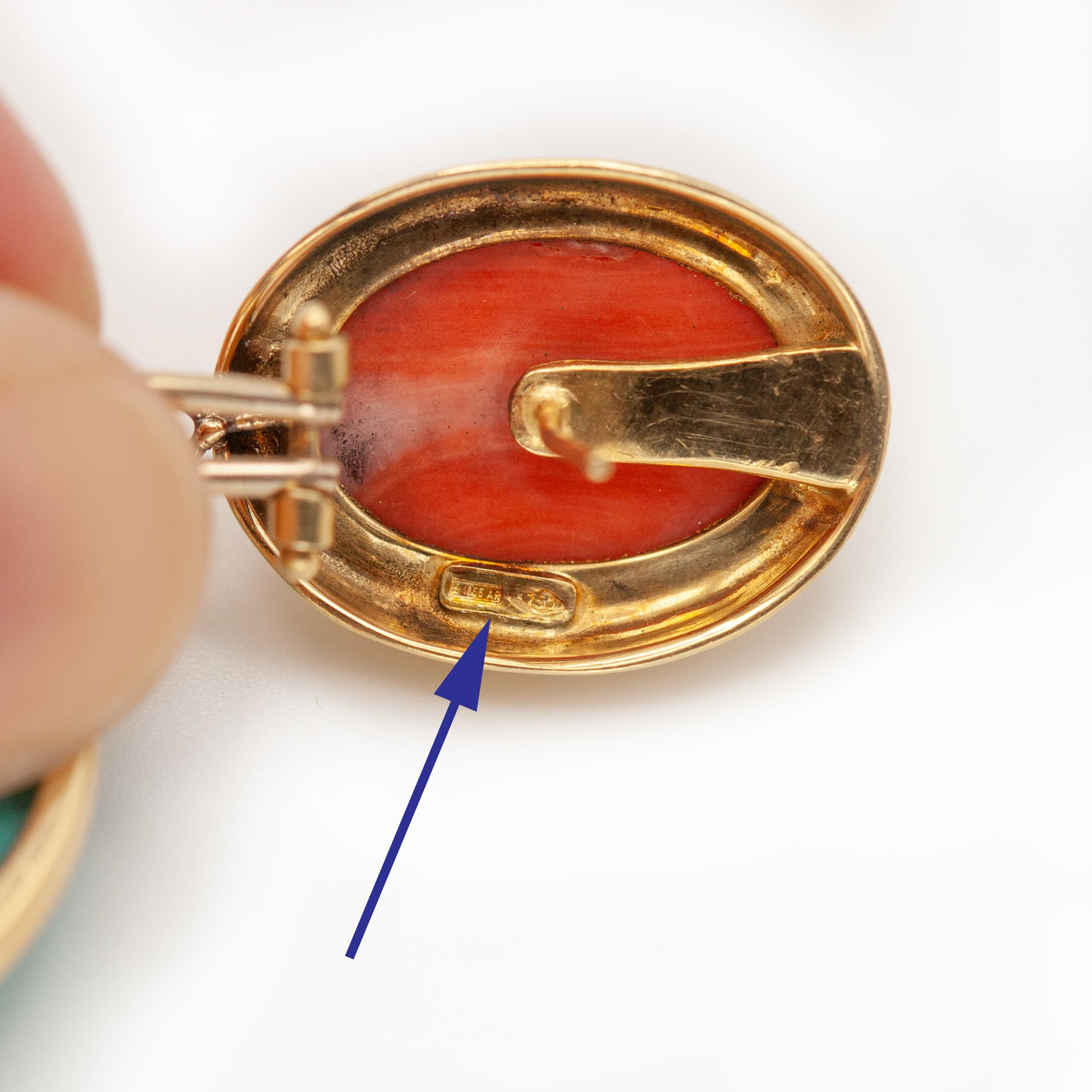 da uomo o donna Orecchini pendenti in oro giallo 18K con corallo e turchese e diamanti in vendita