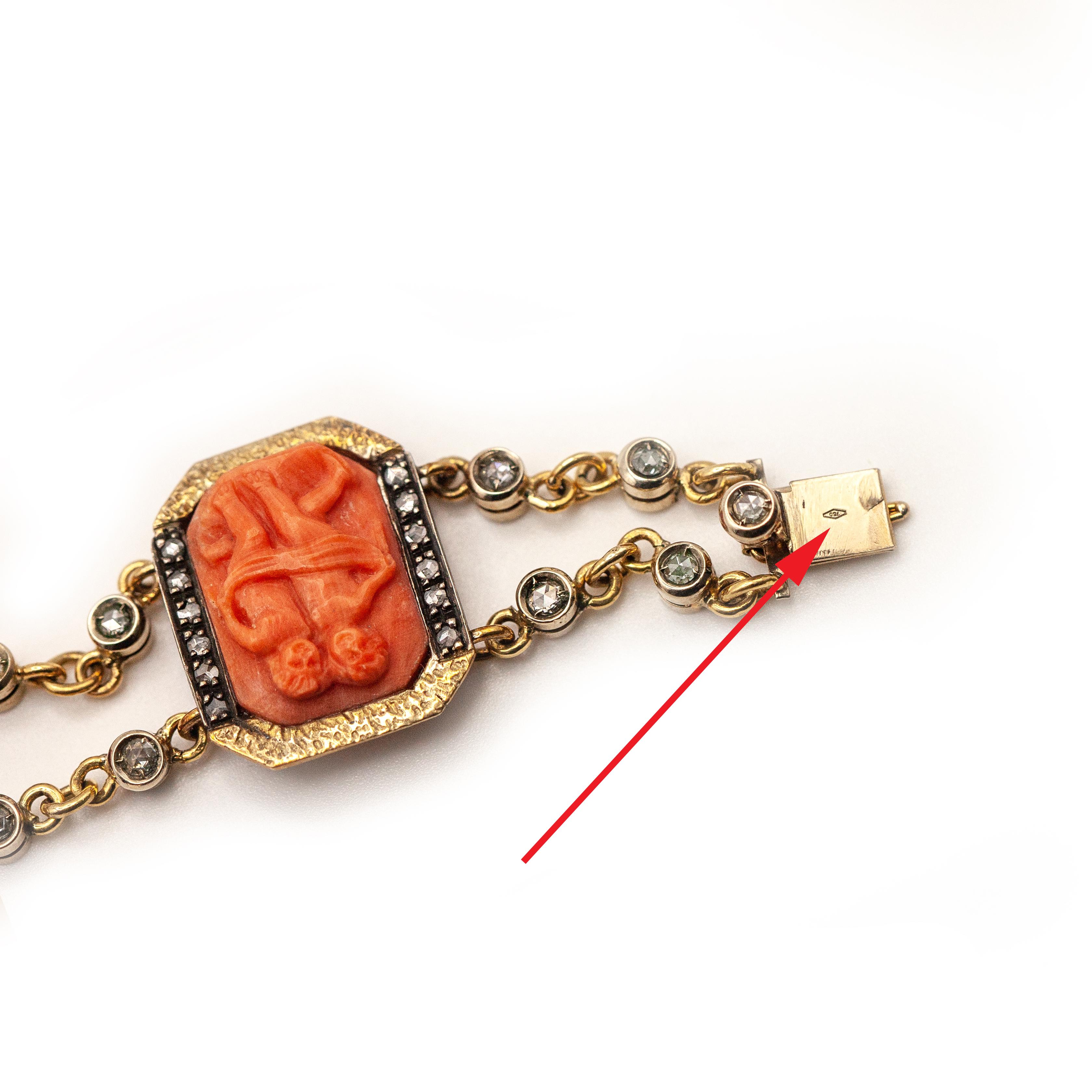 Puttini Capri Coral Cameo and Diamond bracelet in 18 Karat Yellow Gold en vente 1