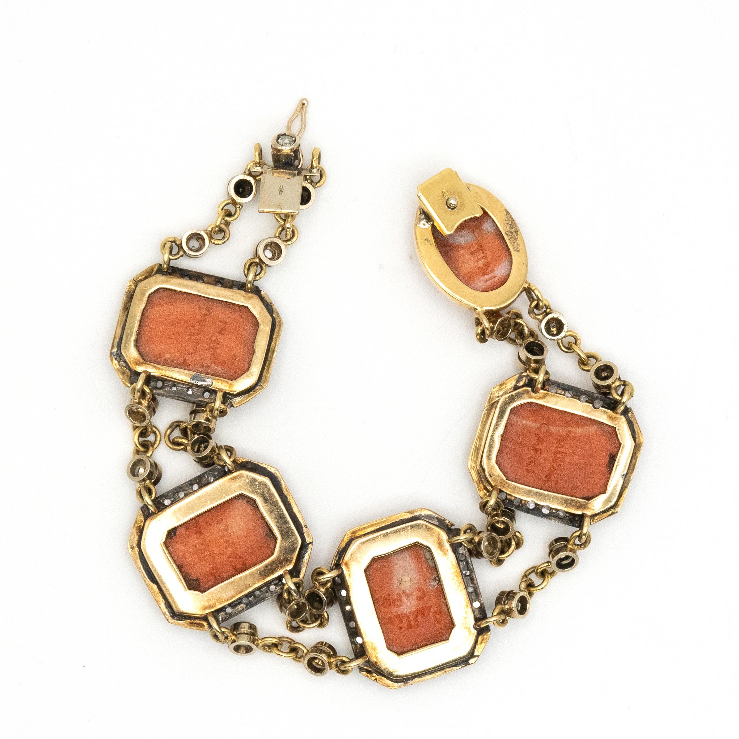 Puttini Capri Coral Cameo and Diamond bracelet in 18 Karat Yellow Gold Excellent état - En vente à New York, NY