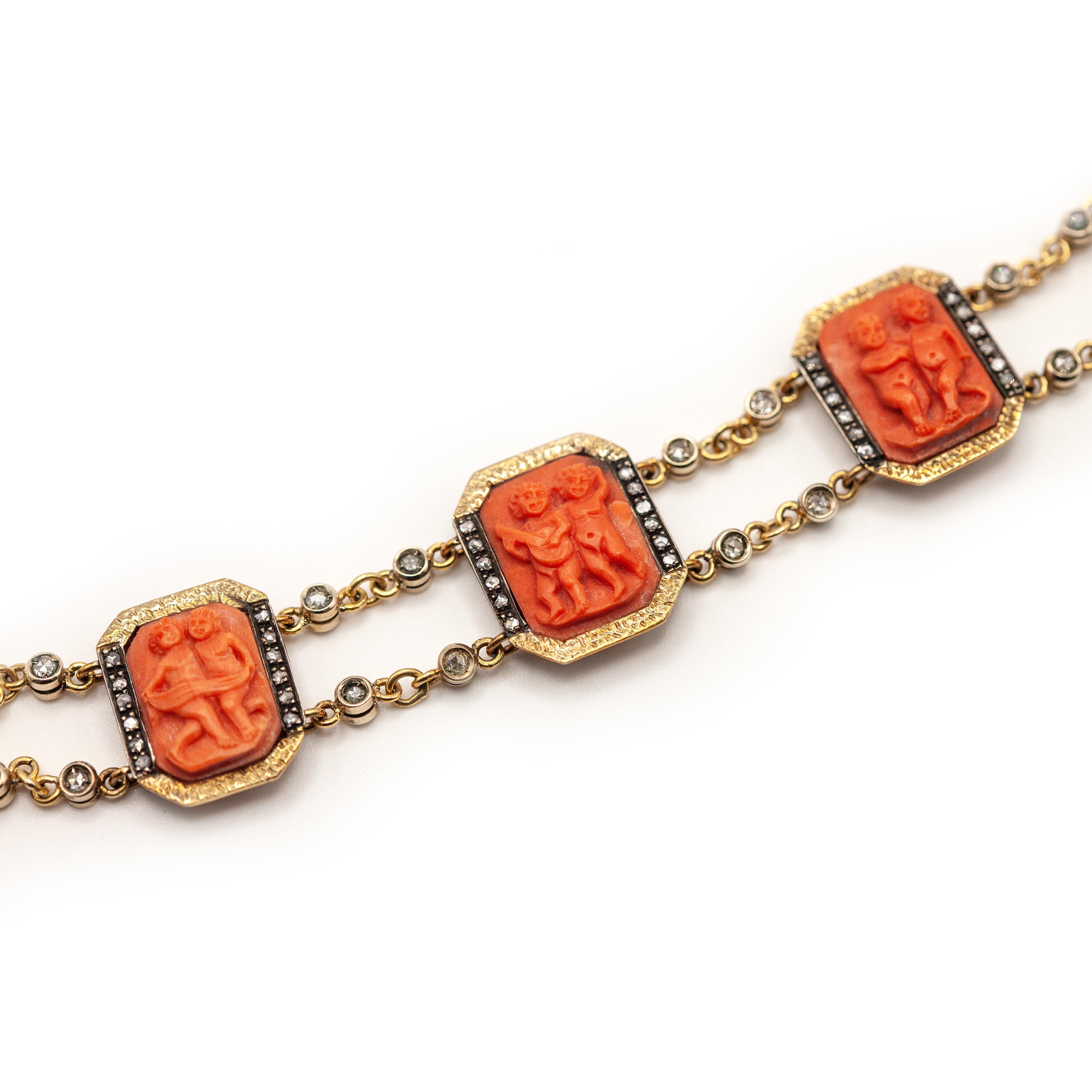 Taille rose Puttini Capri Coral Cameo and Diamond bracelet in 18 Karat Yellow Gold en vente