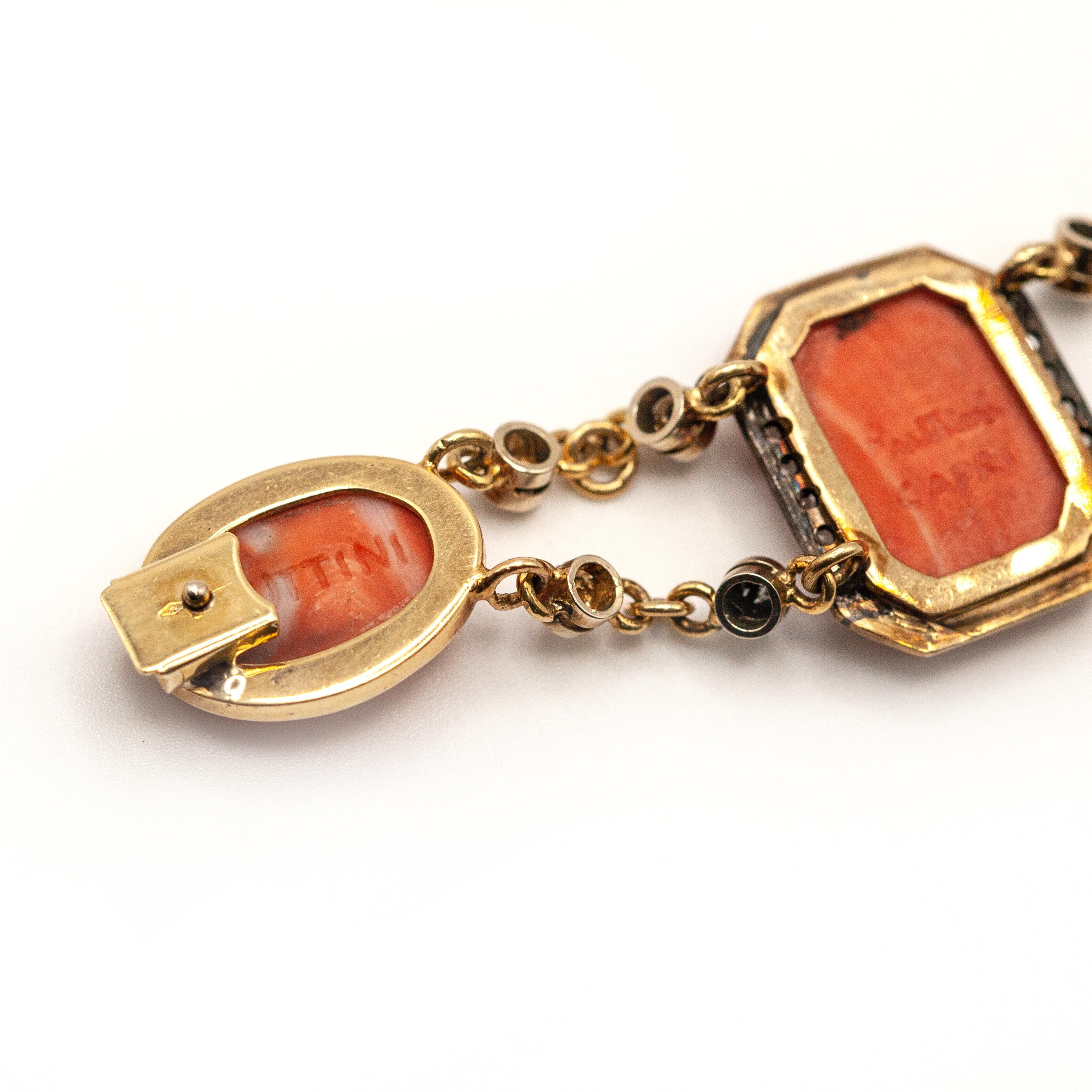 Puttini Capri Coral Cameo and Diamond bracelet in 18 Karat Yellow Gold en vente 3