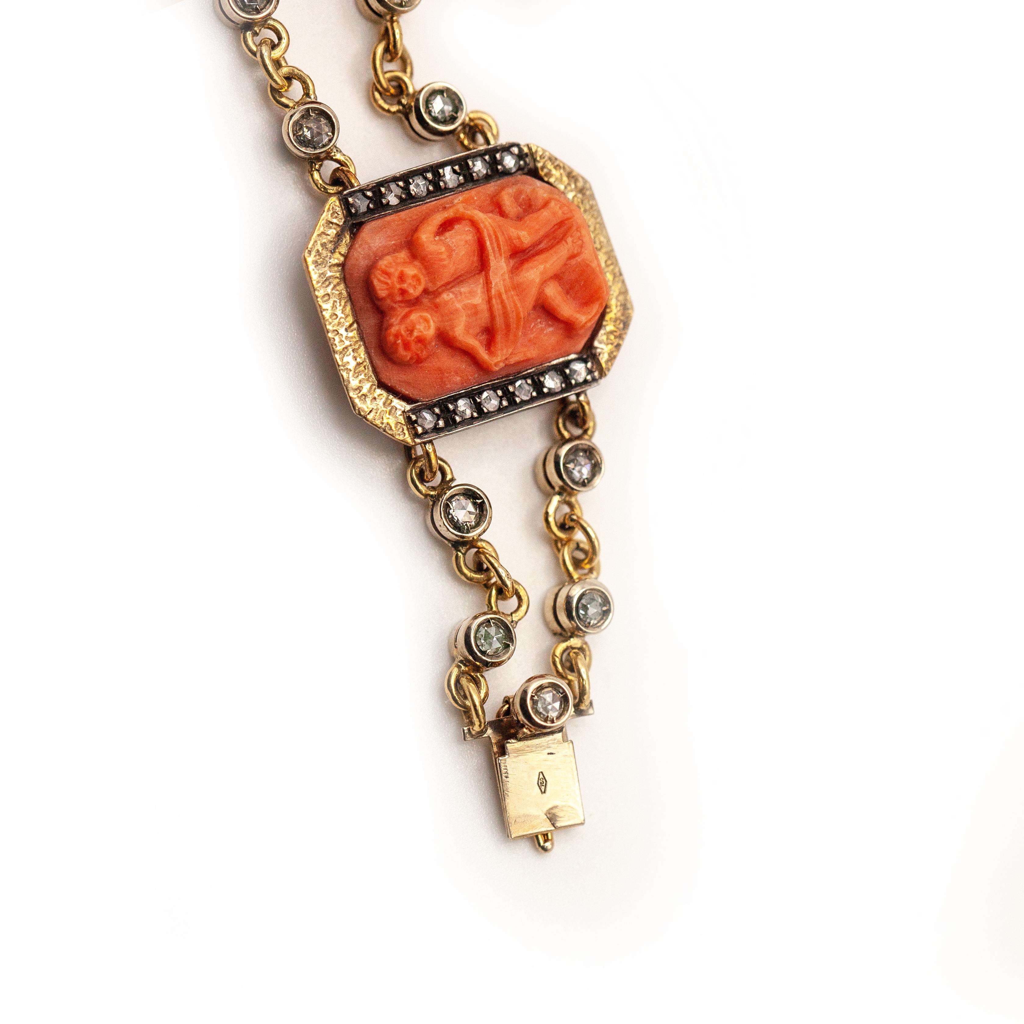 Puttini Capri Coral Cameo and Diamond bracelet in 18 Karat Yellow Gold en vente 6