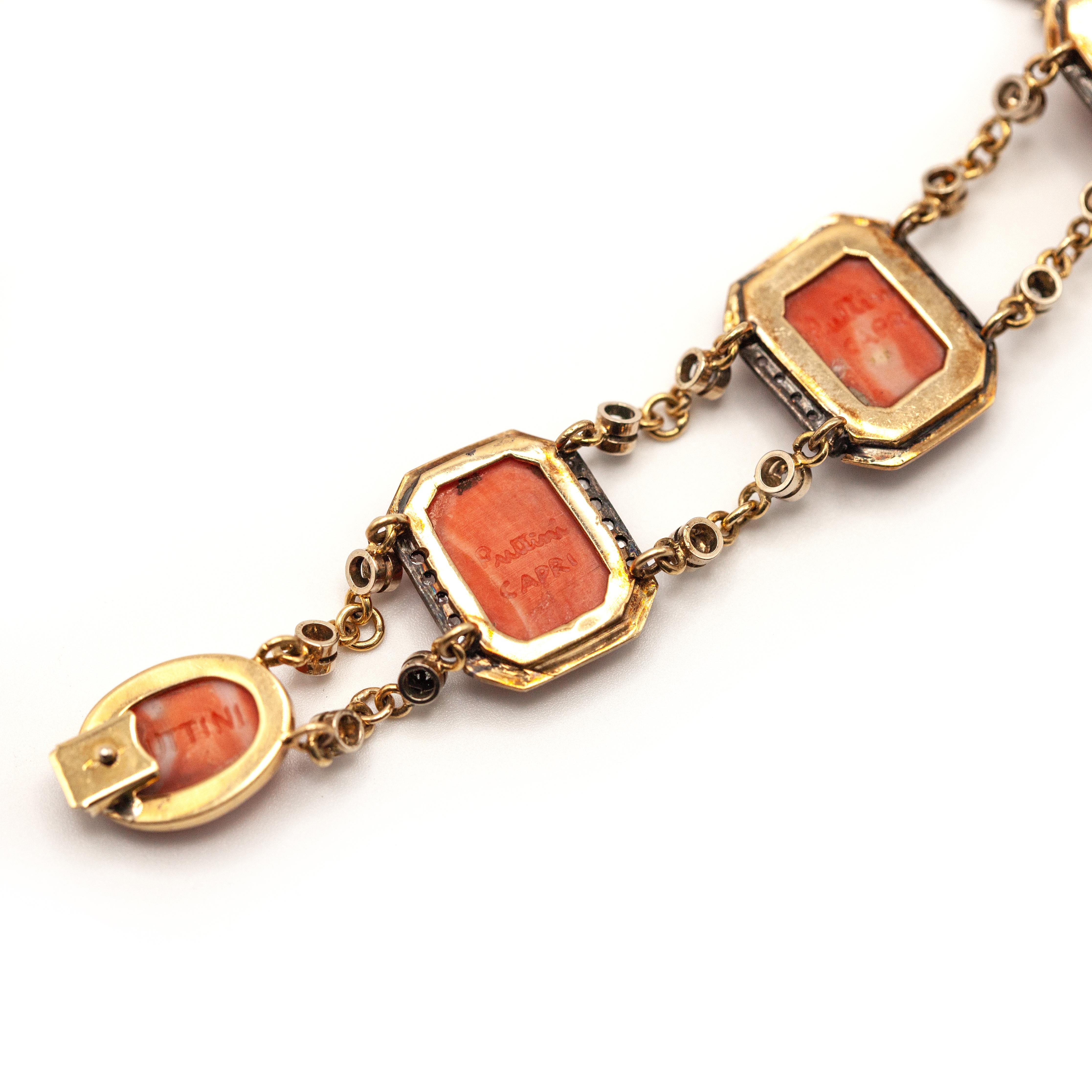 Puttini Capri Coral Cameo and Diamond bracelet in 18 Karat Yellow Gold en vente 5
