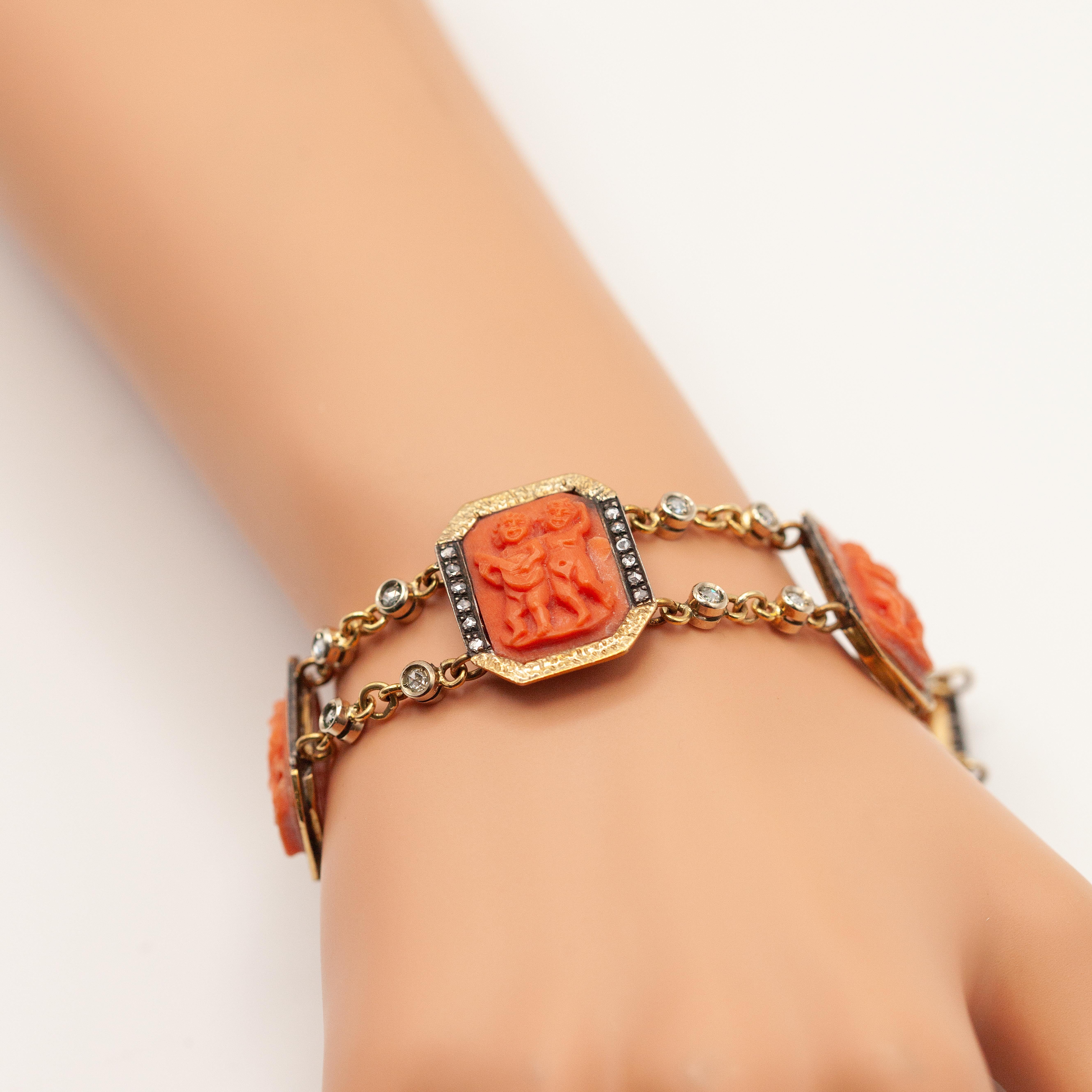 Moderne Puttini Capri Coral Cameo and Diamond bracelet in 18 Karat Yellow Gold en vente