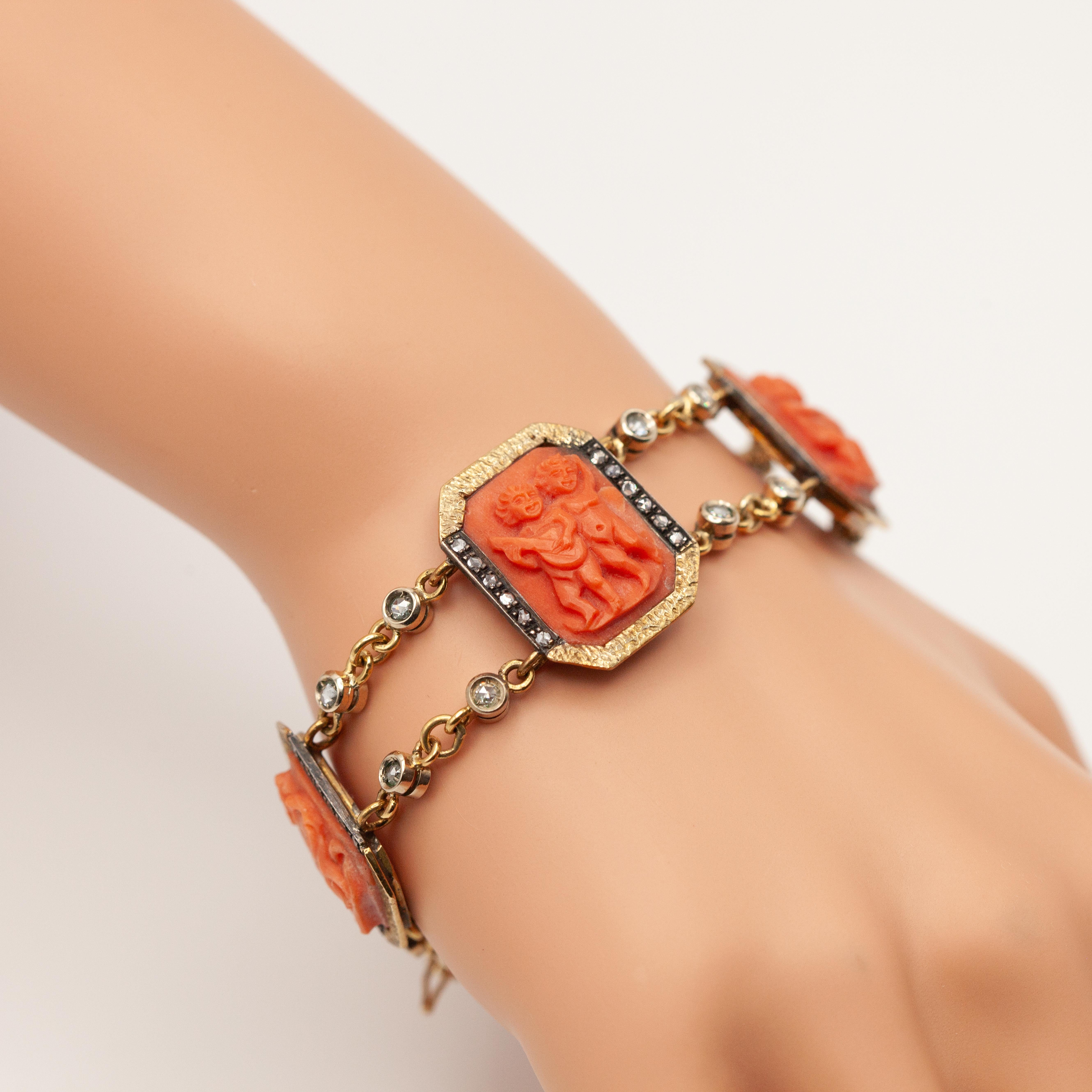Puttini Capri Coral Cameo and Diamond bracelet in 18 Karat Yellow Gold en vente 4