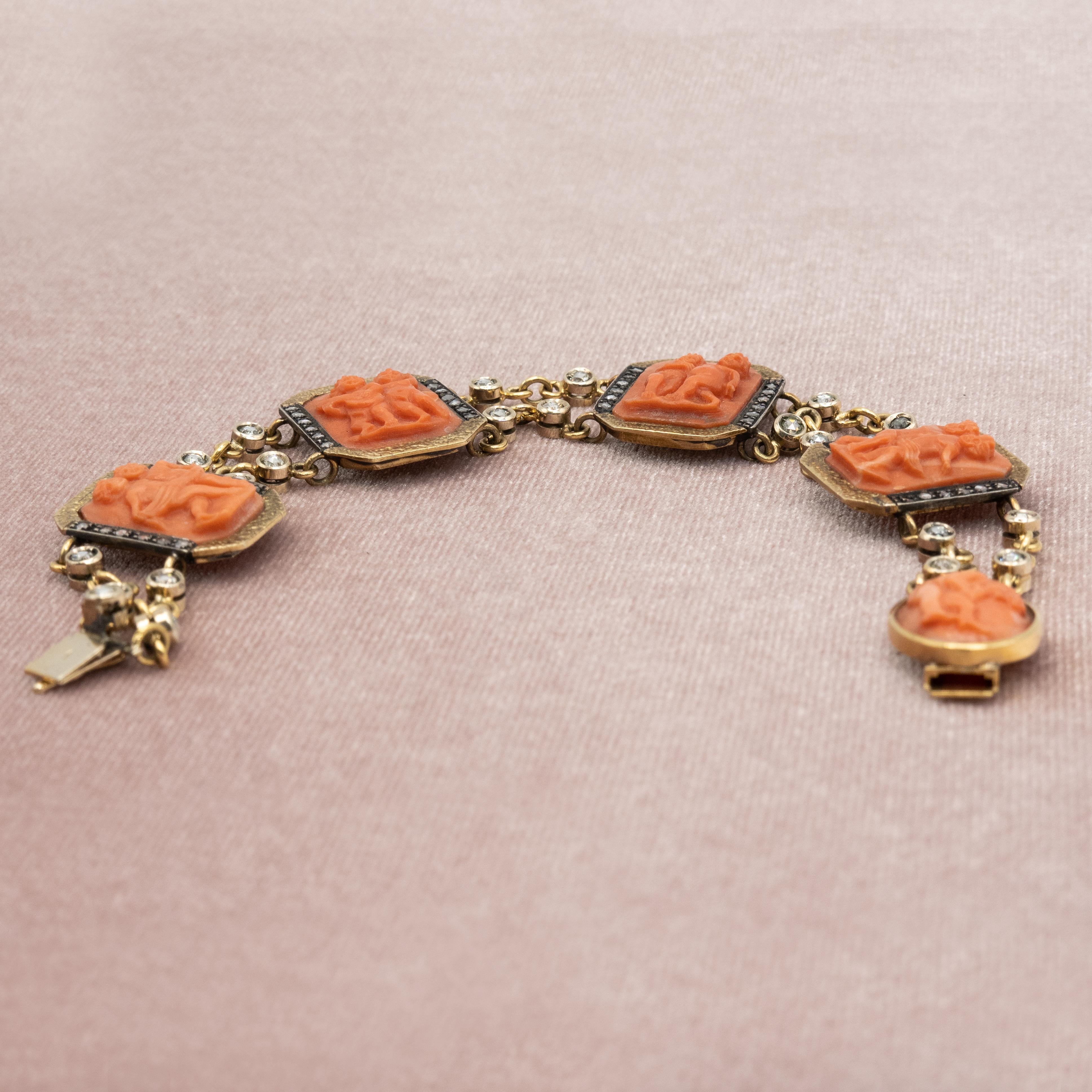Puttini Capri Coral Cameo and Diamond bracelet in 18 Karat Yellow Gold en vente 7