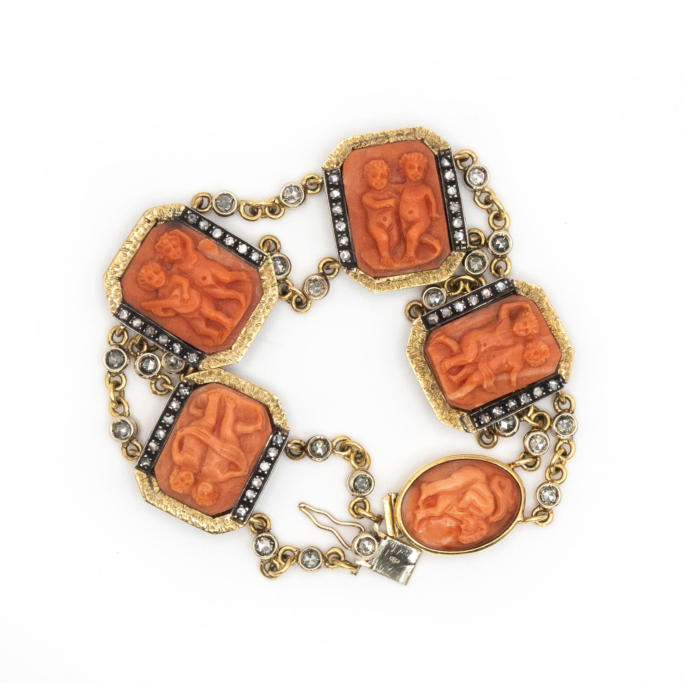 Puttini Capri Coral Cameo and Diamond bracelet in 18 Karat Yellow Gold en vente 8