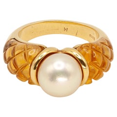 Fred Paris 18K Yellow Gold Carved Citrine Pearl Ring