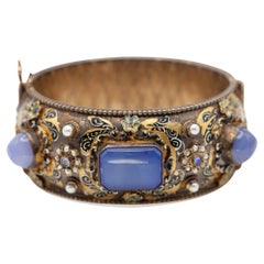 Antique Hungari Silver Vermeil Enamel Chalcedony Seed Pearl Hinged Bangle