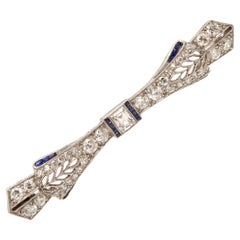 Art Deco Platinum Diamond Sapphire Bow Bar Pin Brooch