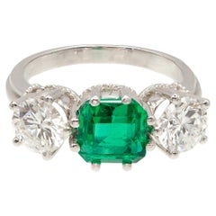 NO OIL Colombian Emerald Diamond Platinum Three-Stone Ring