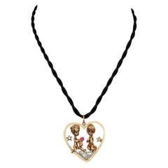 Vintage William Ruser 14K Diamond Ruby Sapphire Pearl Figural Heart Pendant