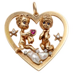 Vintage William Ruser 14K Diamond Ruby Sapphire Pearl Figural Heart Pendant