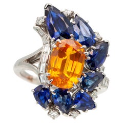 GIA Certified Sri Lanka Orange Sapphire Diamond Blue Sapphire Cocktail Ring