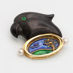 Anthony Kim 18K Gold Pearl Enamel and Carved Wood Parrot Pendant
