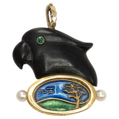 Anthony Kim 18K Gold Pearl Enamel and Carved Wood Parrot Pendant