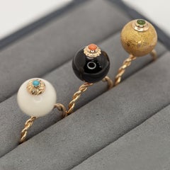 14K Onyx Angel Skin Coral and Textured Gold Ball Cocktail Ring Set