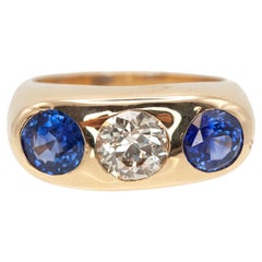 Vintage 14K Gold Old European Diamond Ceylon Sapphire Gypsy Ring