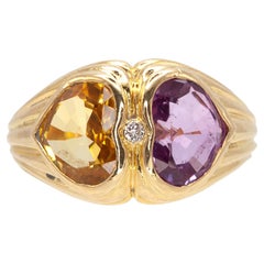 Bulgari 18K Gold 7.56 Carat Yellow and Purple Sapphire Heart Diamond Ring