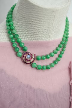 GIA Certified Type A Jadeite Jade Ruby Diamond Moonstone Double-Strand Necklace