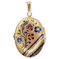 Pendentif médaillon ancien en or 14 carats avec émail multicolore et motif floral