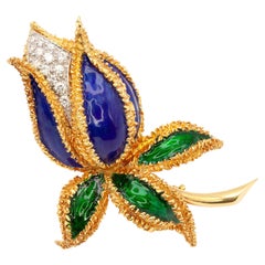 Vintage-Brosche von Kutchinsky aus 18-karätigem Gold mit Emaille-Blumenmotiv und Diamanten, 1960er Jahre