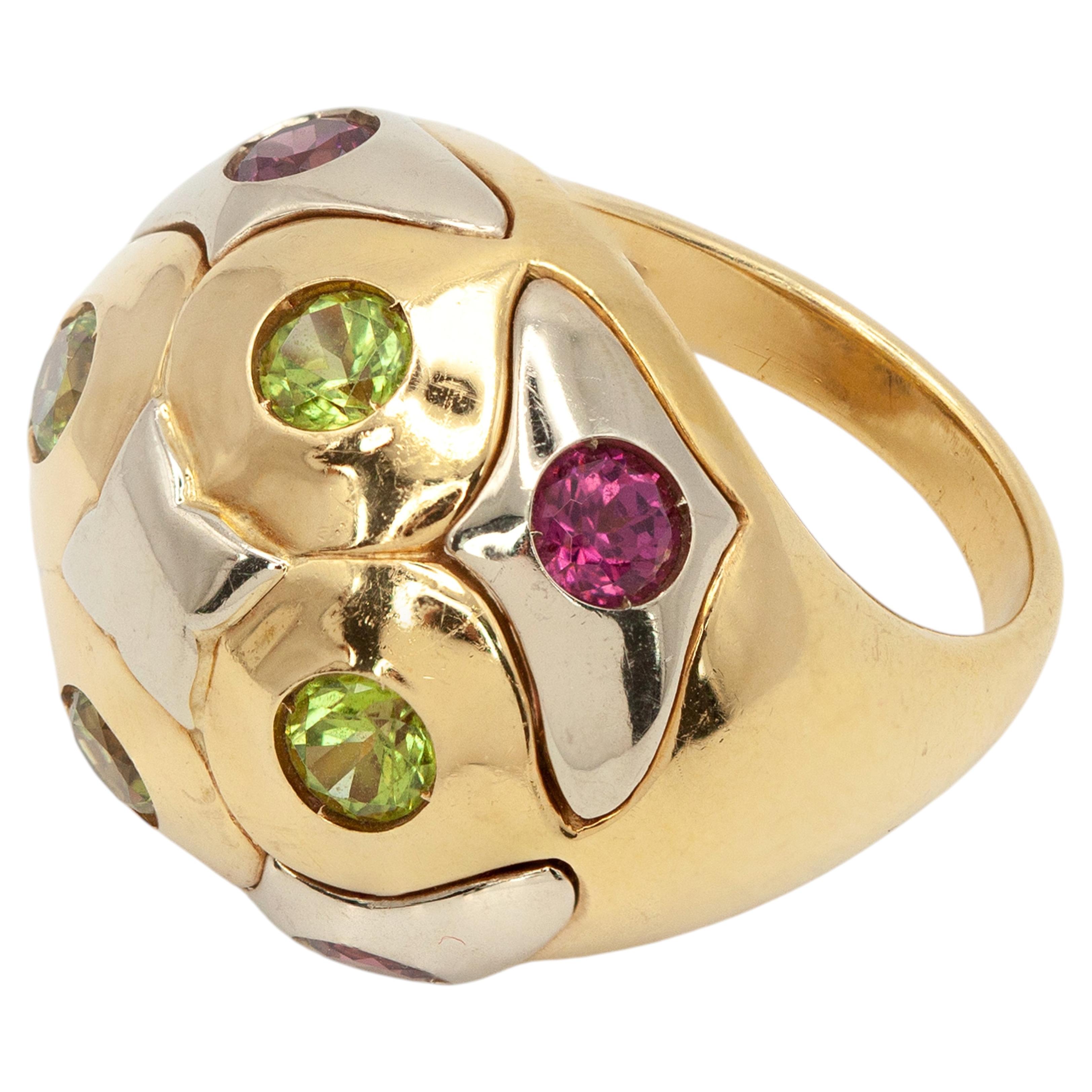 Bulgari 18K Two-Tone Gold Pink Tourmaline Peridot Dome Cocktail Ring For Sale