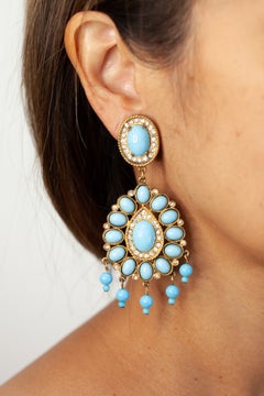 Kenneth Jay Lane K.J.L. Simulated Turquoise Rhinestone Chandelier Earrings