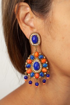 Kenneth Jay Lane K.J.L. Simulated Coral and Lapis Chandelier Earrings