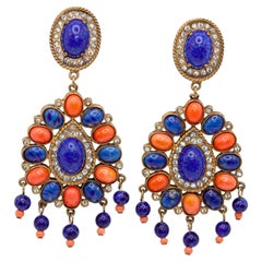 Kenneth Jay Lane K.J.L. Simulated Coral and Lapis Chandelier Earrings